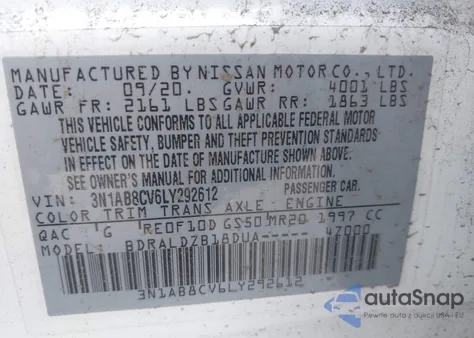 2020 Nissan Sentra Sv Xtronic Cvt из США, поврежденный, VIN 3N1AB8CV6LY292612